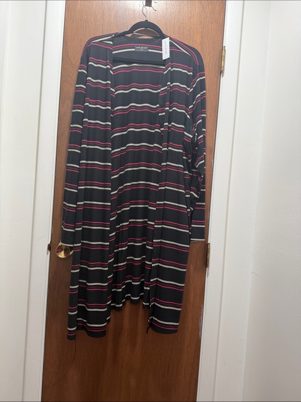 Lane Bryant Black, Pink & Cream Striped Open Duster